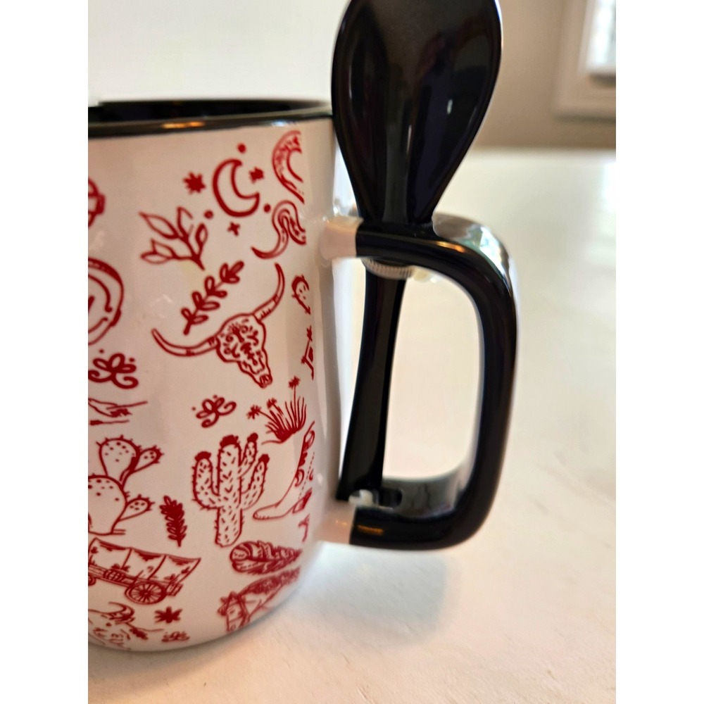 Black Ceramic Texas Western Graphic Bull Coffee Mug & Spoon Set 2-Piece